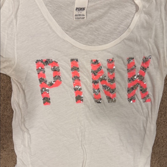PINK Victoria's Secret White Tee with Pink and Silver Sequins - Picture 2 of 3